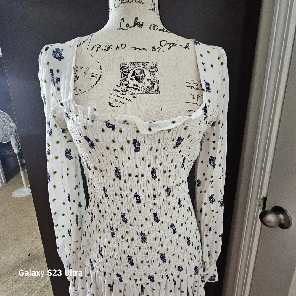 Free people Tea Combo Blue Flower Dress Long‎ Sleeves Women Size Medium - Picture 7 of 11